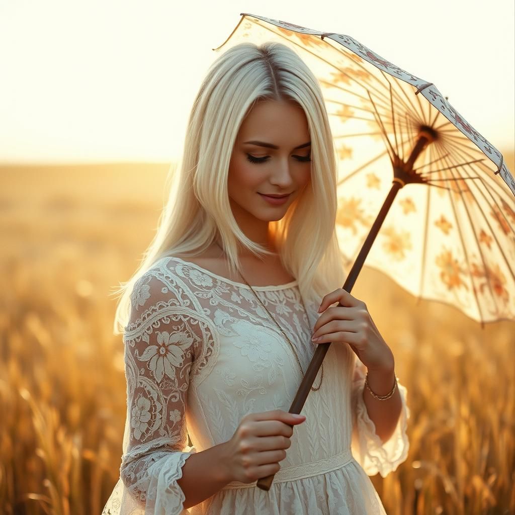 Ethereal Portrait in Golden Field with Umbrella