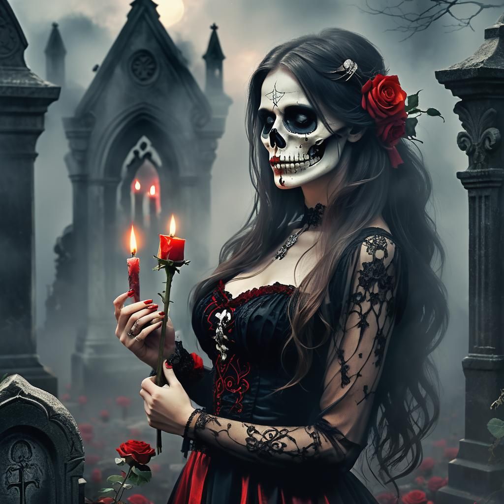 Dark Fantasy Woman with Skull Face in Cemetery