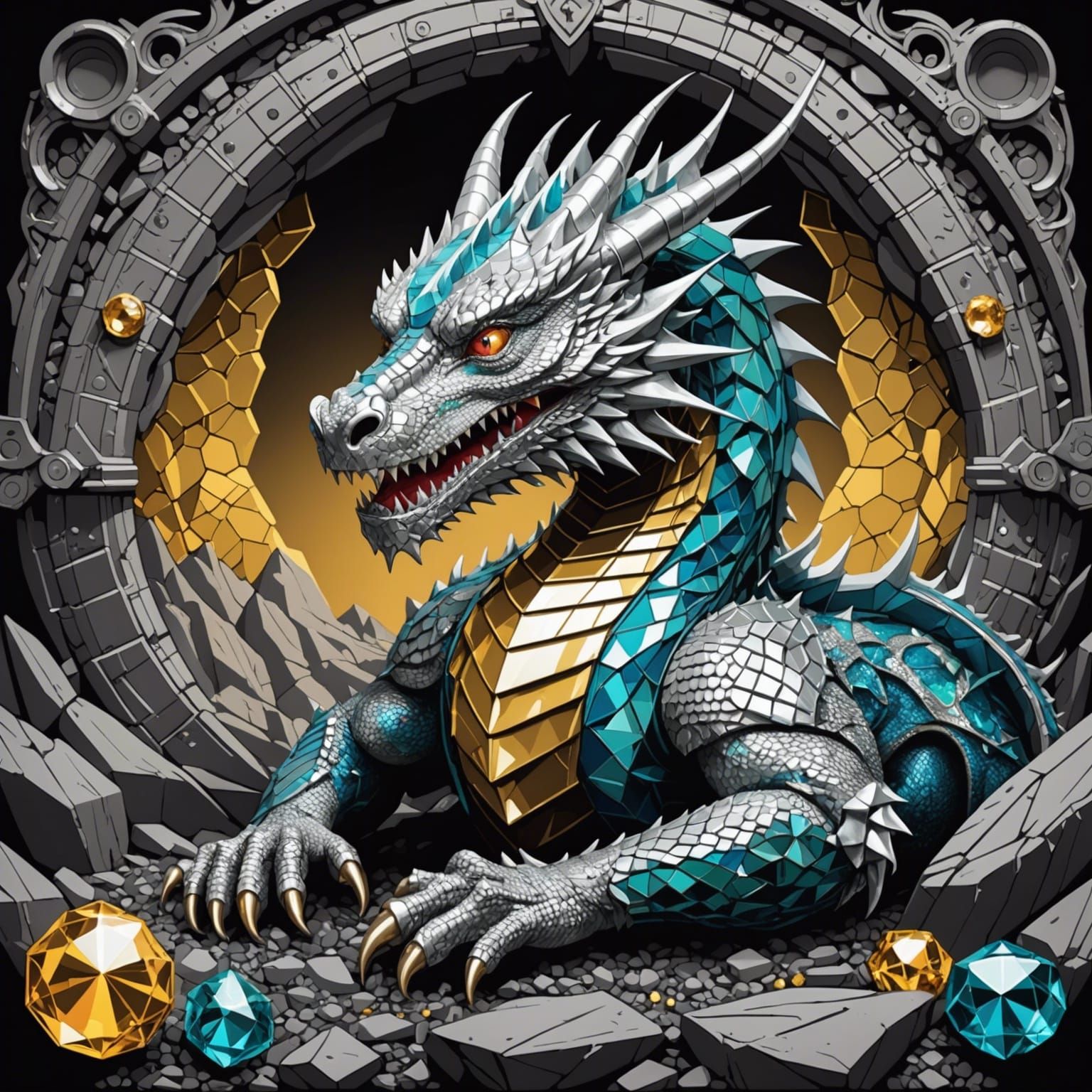 Silver Dragon in Diamond Cave: Pop Art Print