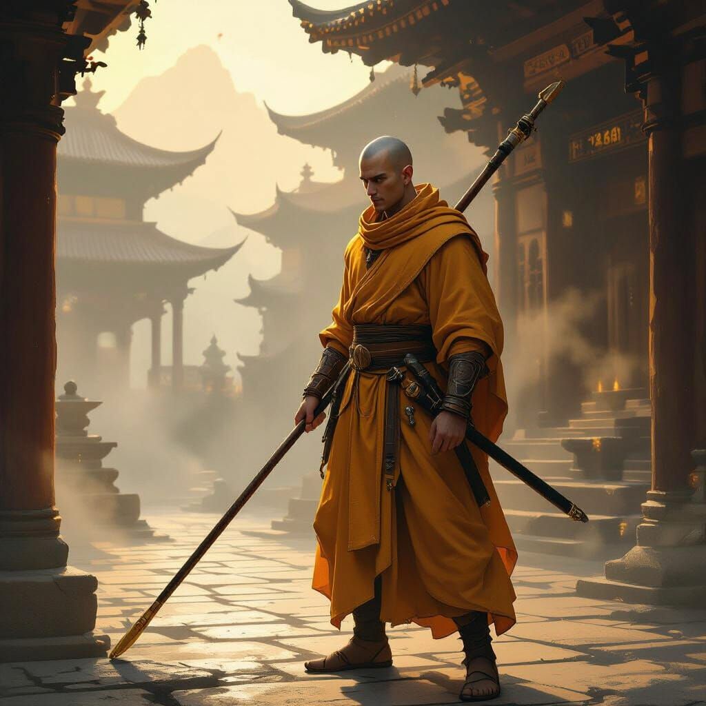 Stoic Monk Fighter in Mountain Temple Courtyard