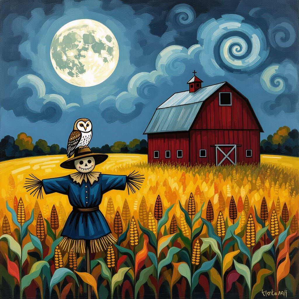 Owl, Scarecrow, and Barn Under Moonlight in Whimsical Style