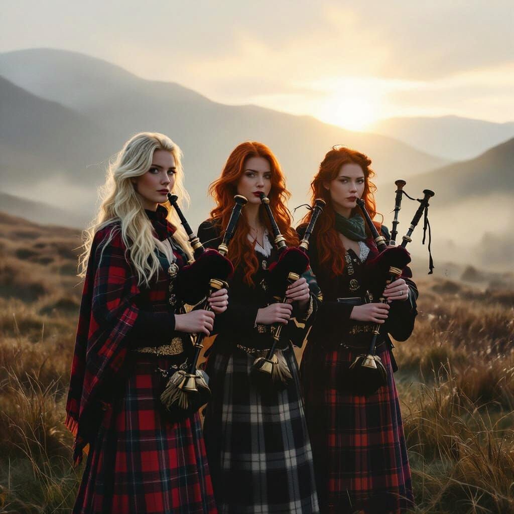Women Playing Bagpipes in Misty Scottish Glen