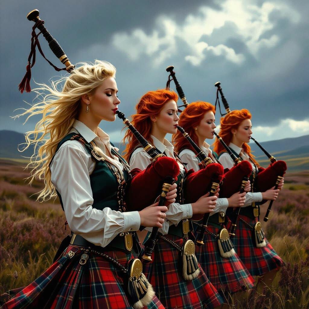 Women in Kilts Play Bagpipes on Stormy Scottish Moor