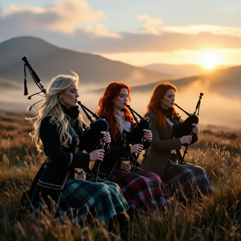 Women Playing Bagpipes on Misty Scottish Moor at Dawn