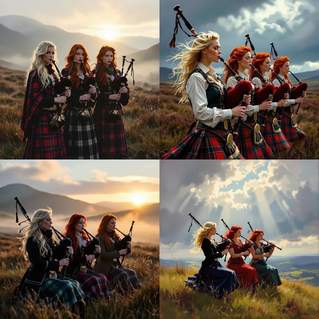 Four Women Playing Bagpipes Together