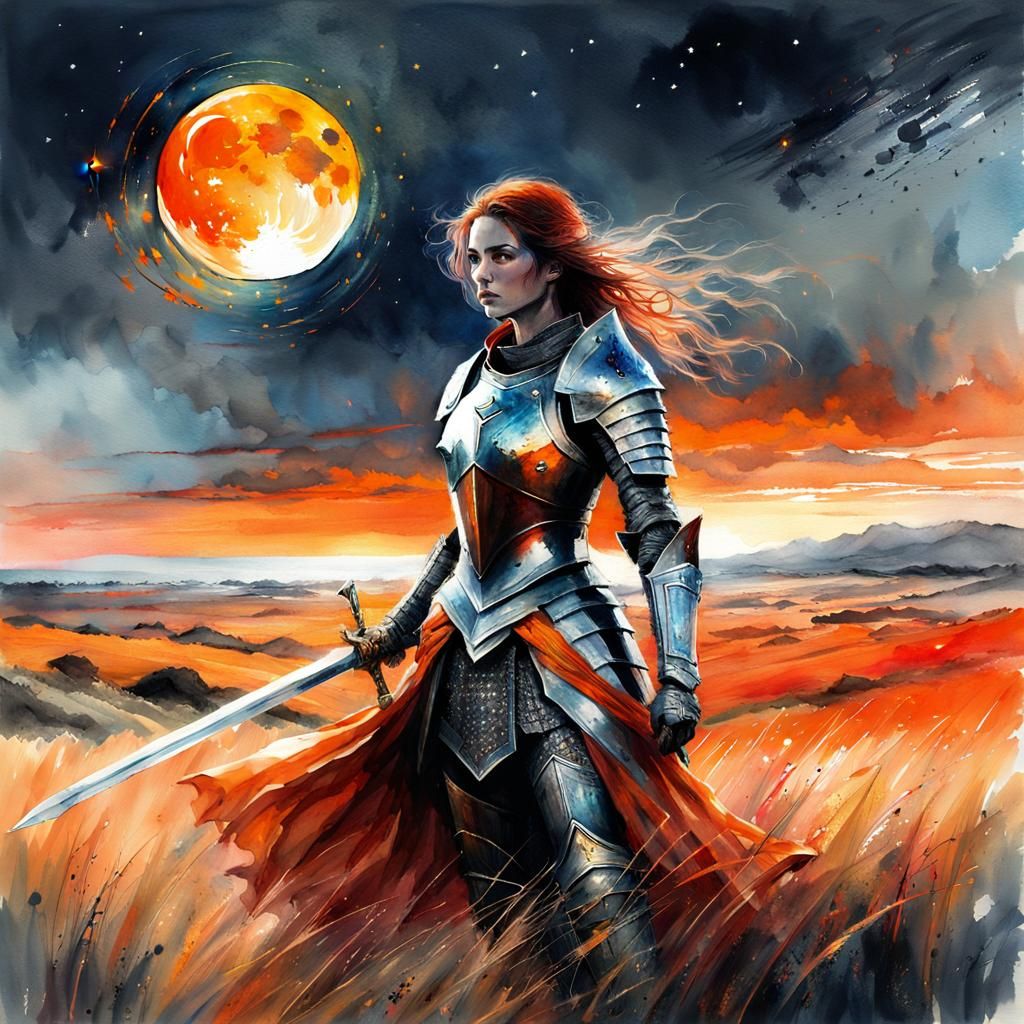 Lady Knight with Orange Sword in Watercolor Style