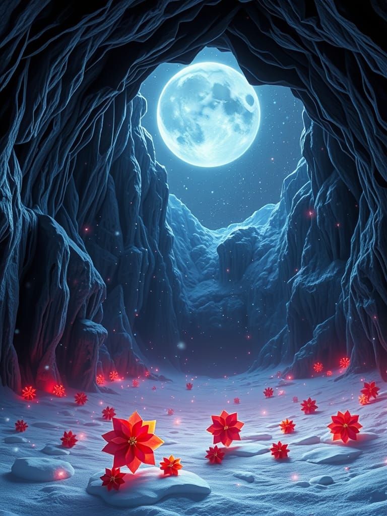 Infinite Icy Landscape with Glowing Origami Poinsettias
