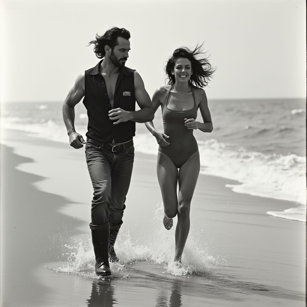 Film Noir Beach Photo of Man and Woman