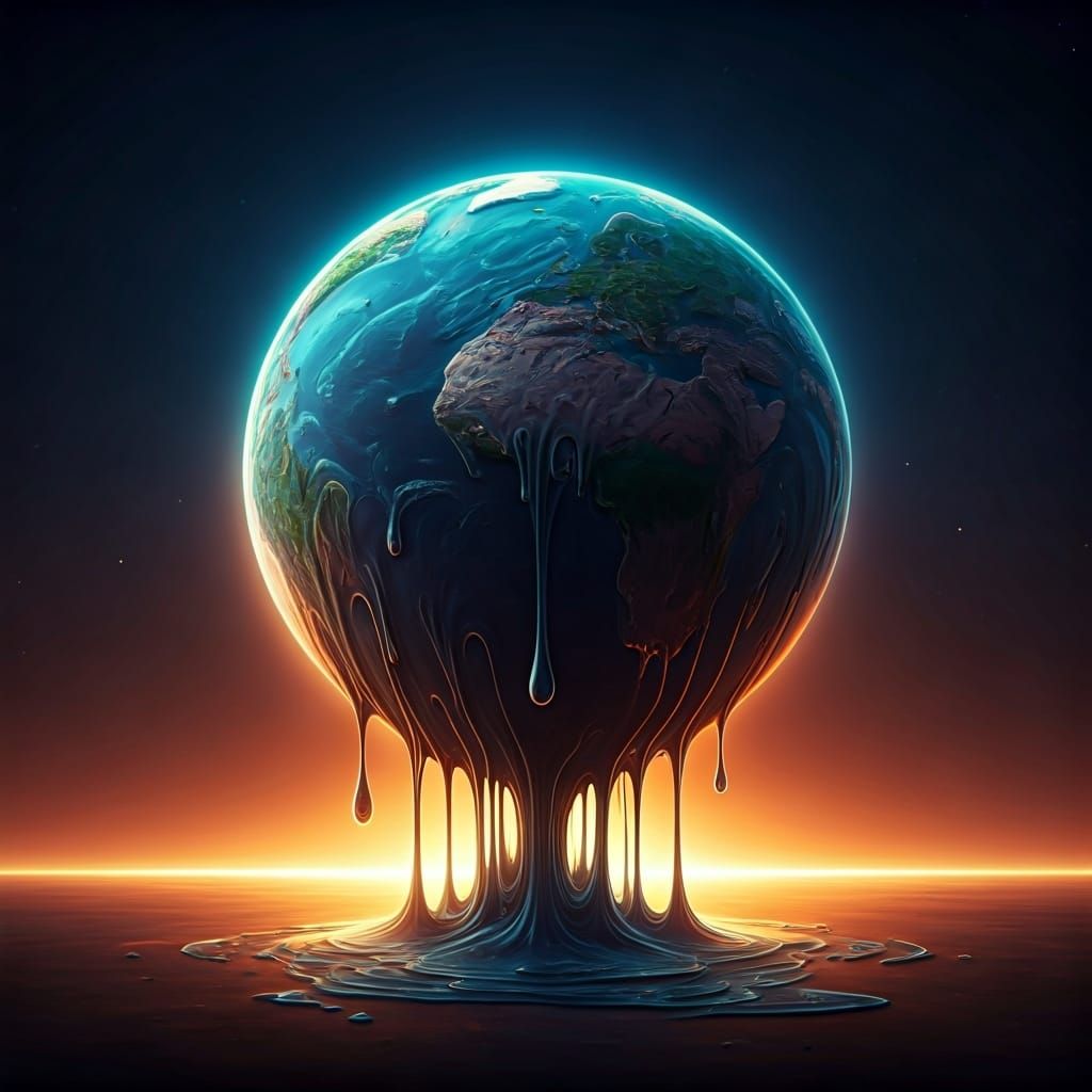 Melting Earth: Surreal Dripping Sphere Under Scorching Sun