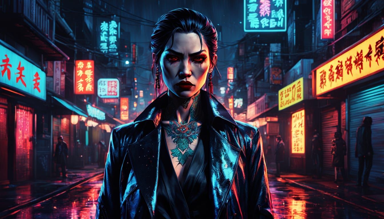 Vampire Woman in Yakuza Outfit, Comic Book Art