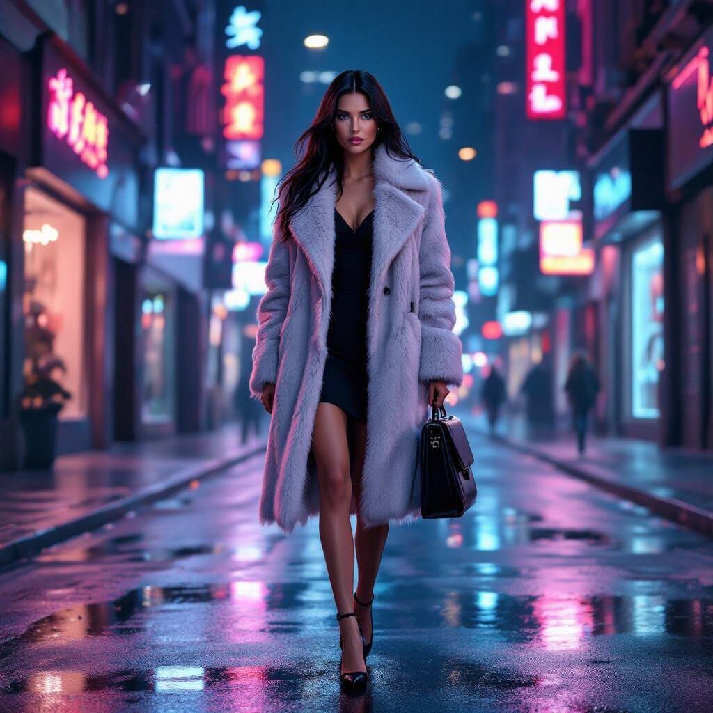 Woman in Fur Coat on Neon City Street
