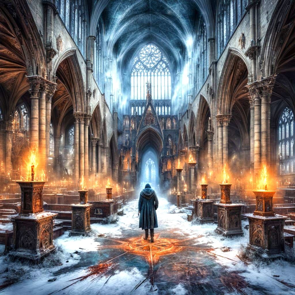 Mystic in Cathedral Winter Scene, Watercolour Style