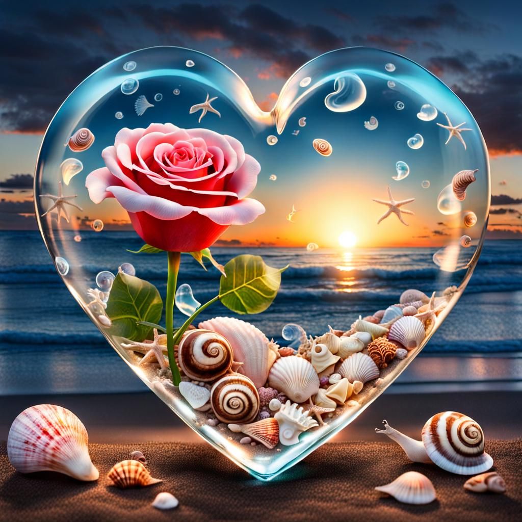 A luminous glass heart, on the beach at sunset