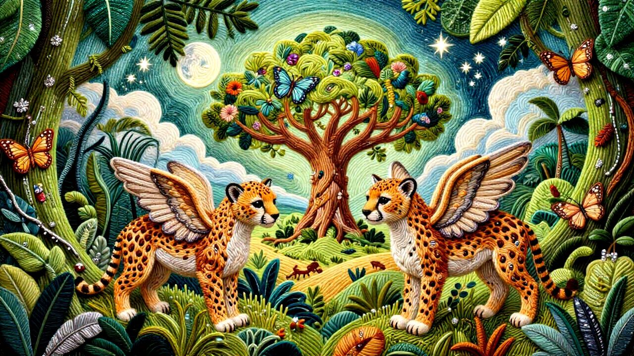 Winged Cheetah Cubs in a Dreamlike Jungle Embroidery Style