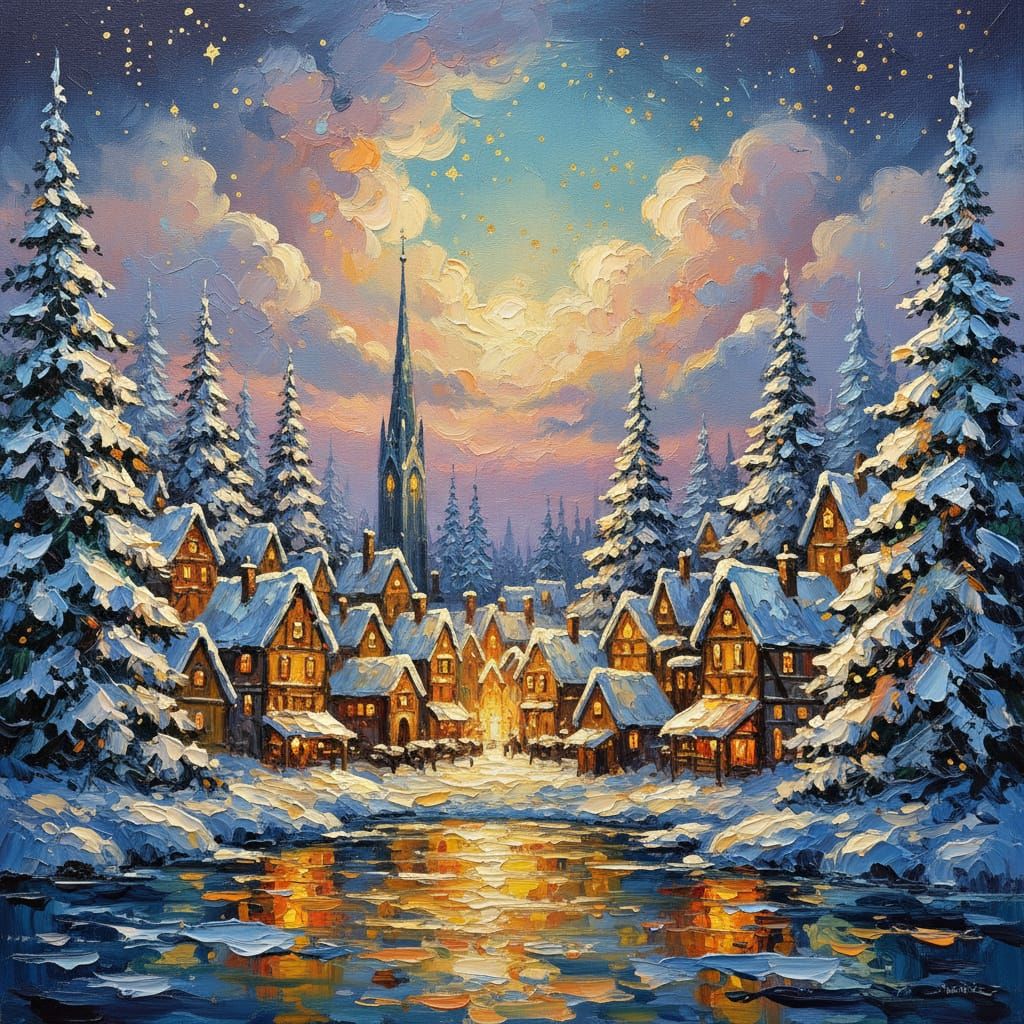 Magical Winter Village in Impressionistic Oil Painting Style