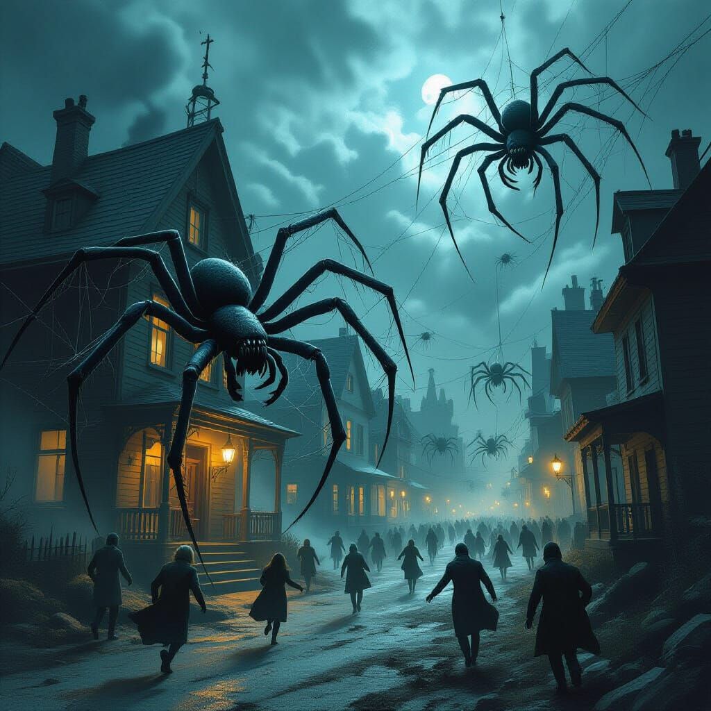 Town Overrun by Giant Spiders in Hyperrealistic Digital Pain...