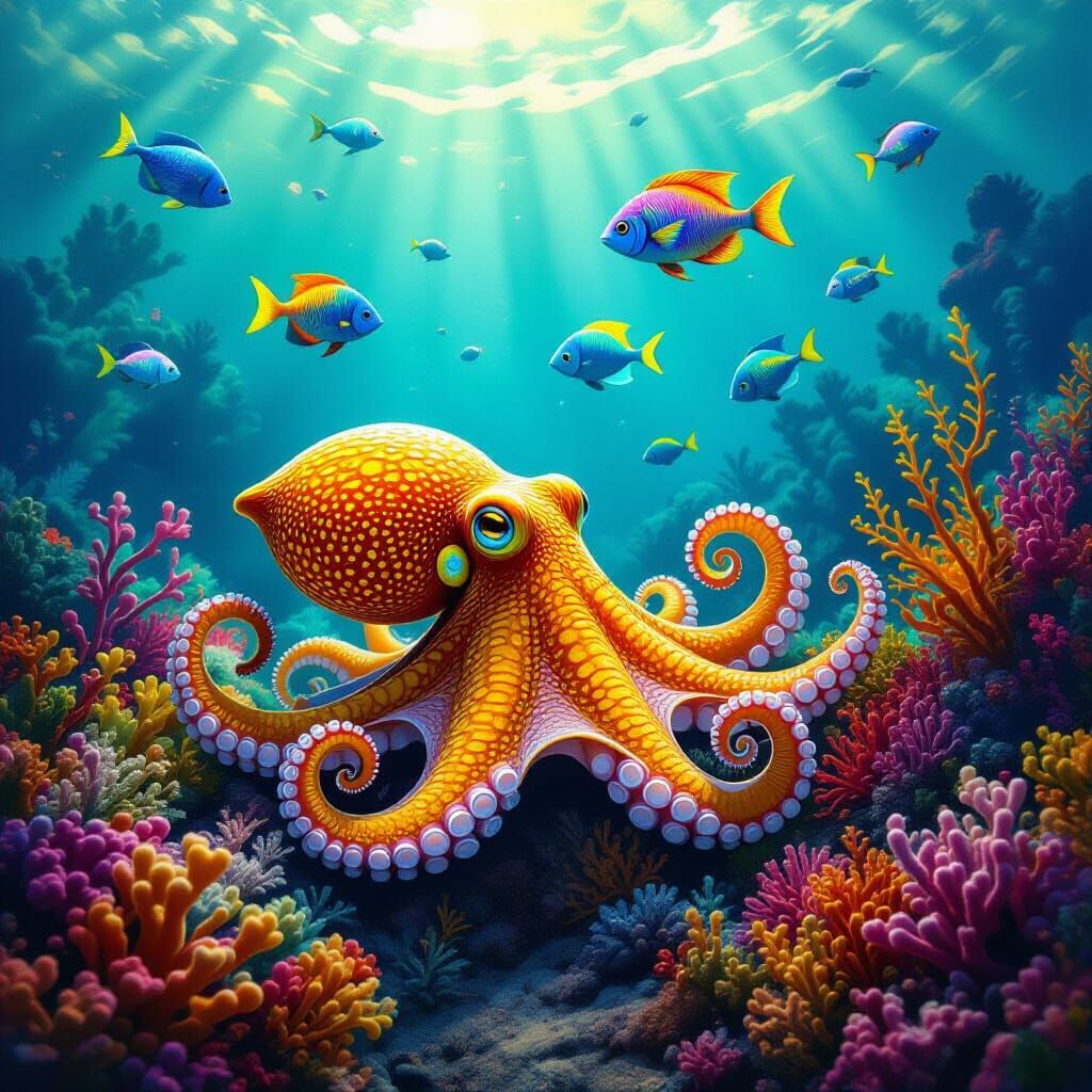 Bioluminescent Alien Octopus Garden in Surrealist Style