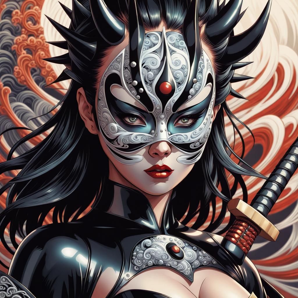 Kabuki Masked Woman with Katana in Comic Book Art