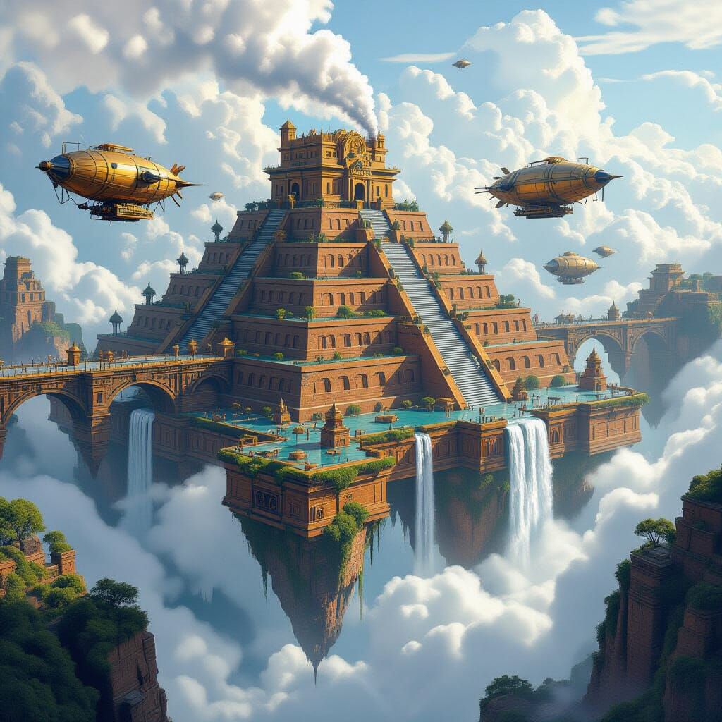 Aztec Floating City with Airships in Natural History Style