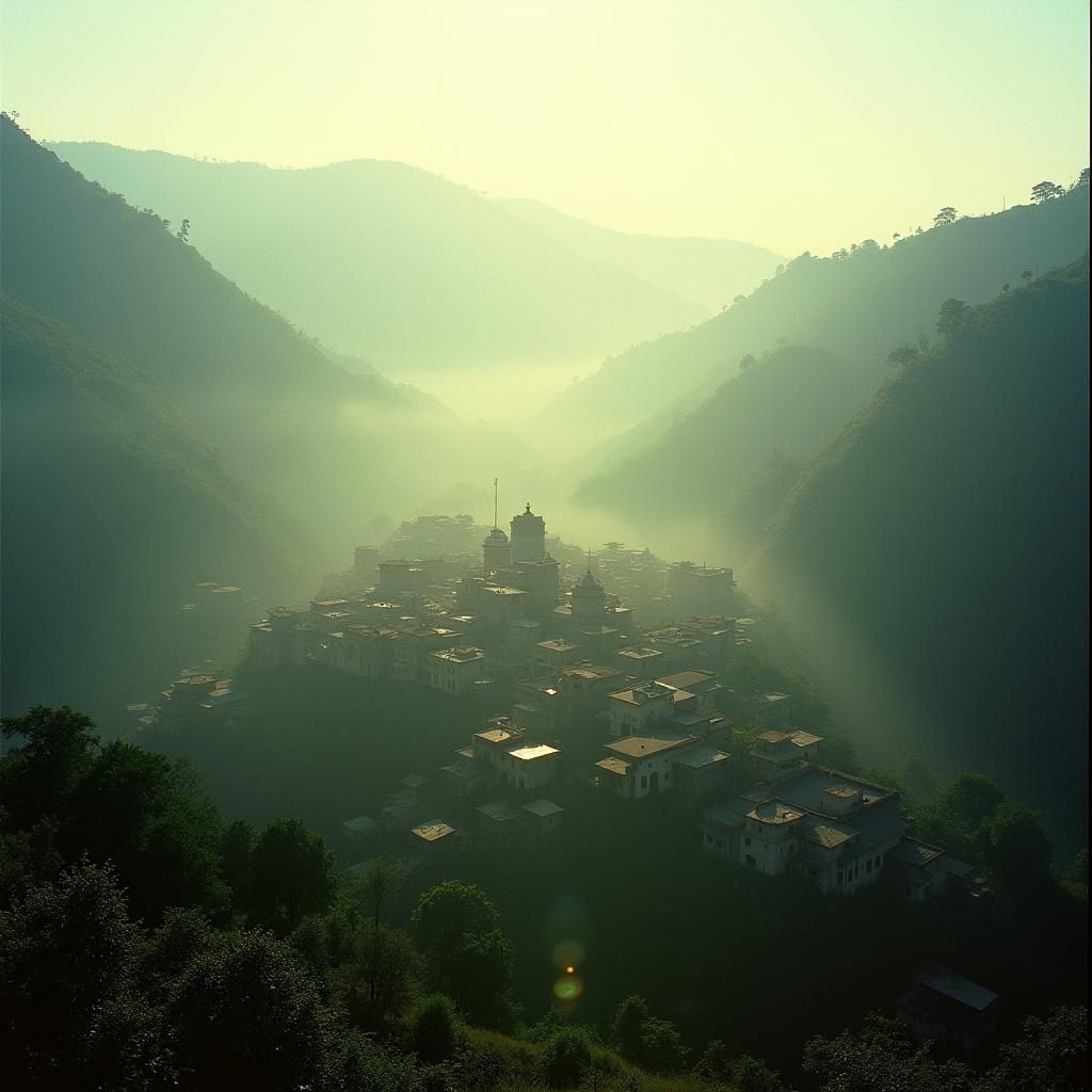 Ancient Indian Village in Misty Valley