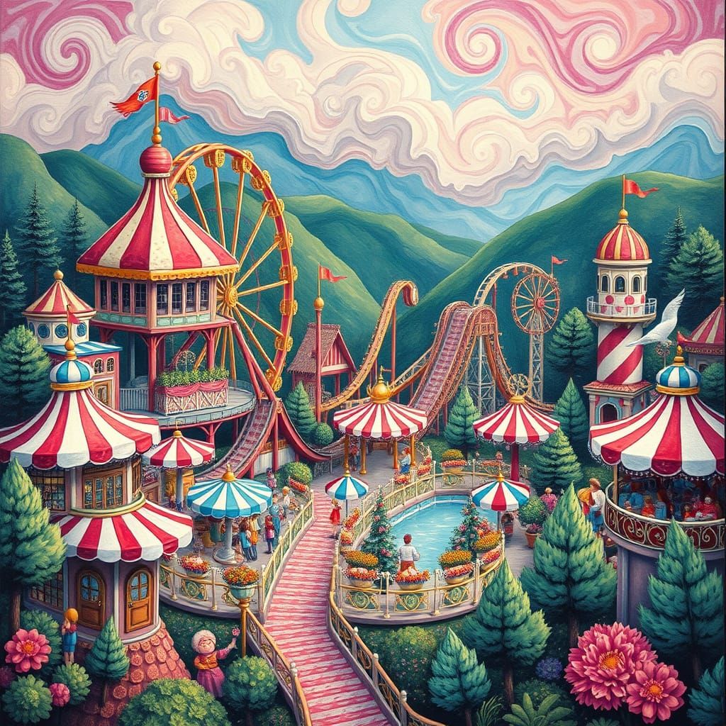 Whimsical Candyland Theme Park in Gouache Style