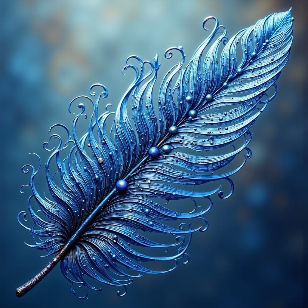 Intricate Blue Iron Feather in Biomechanical Style