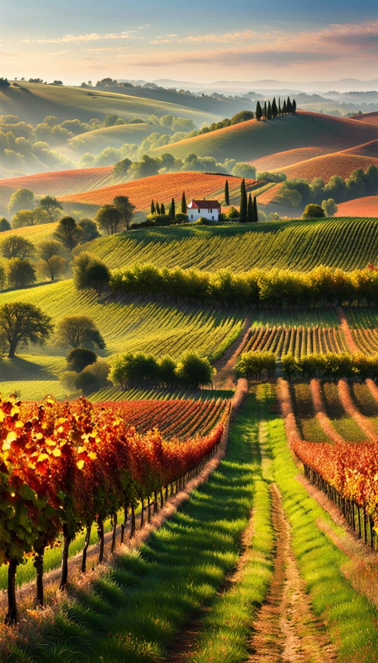 Impressionist Landscape of Red Grapevines in Foggy Golden Li...