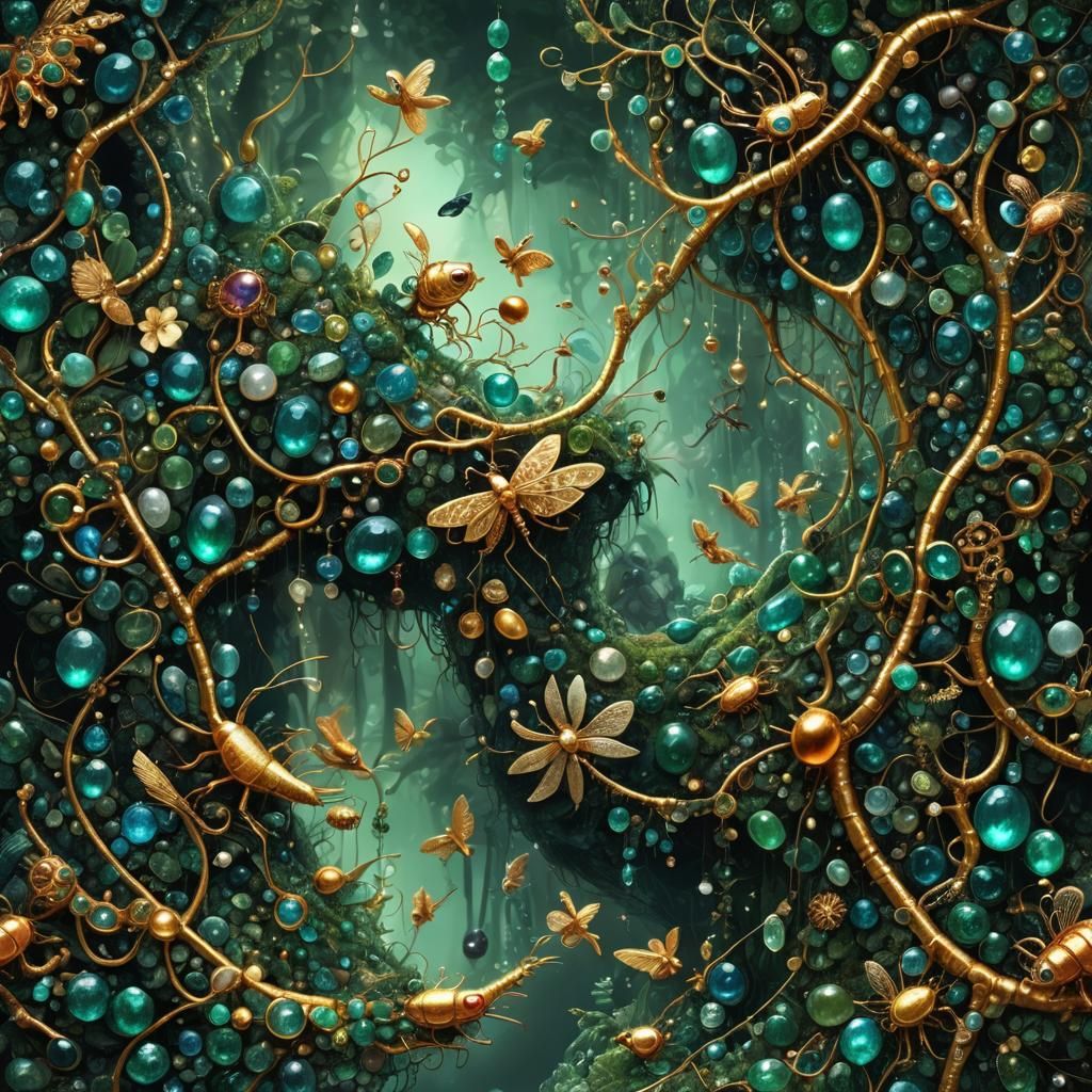 Jeweled Insects in Emerald Rainforest Canopy