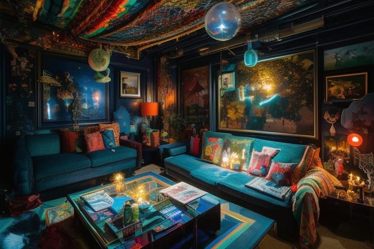 Colorful Clubhouse Living Room with String Lights