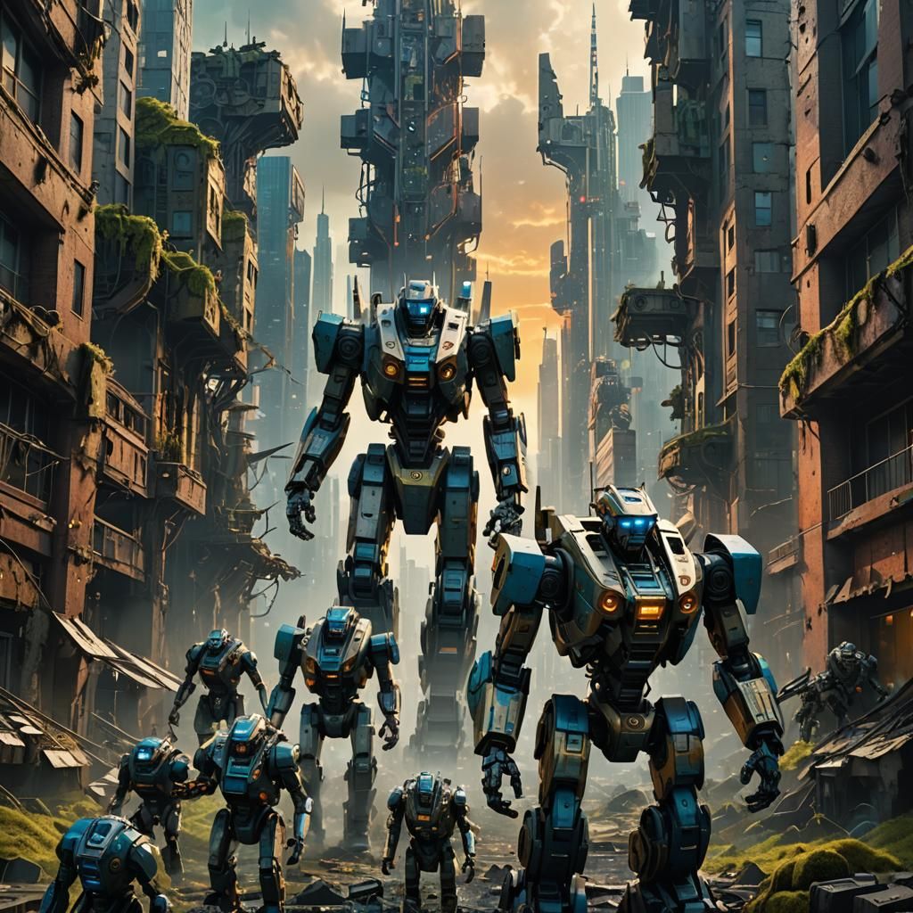 Robot Army Marches Through Ruined Cityscape