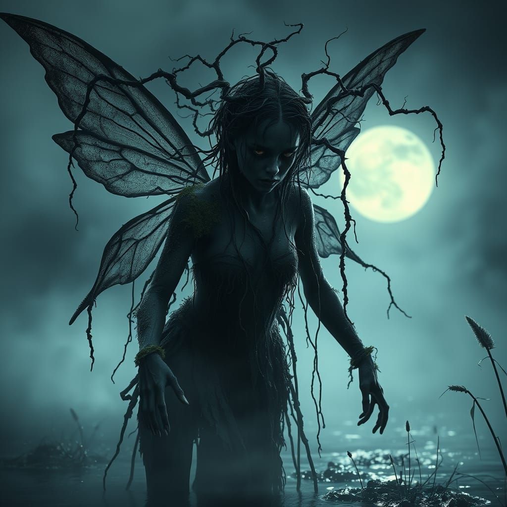 Mystical Shadow-Born Fairy in Moonlit Marsh