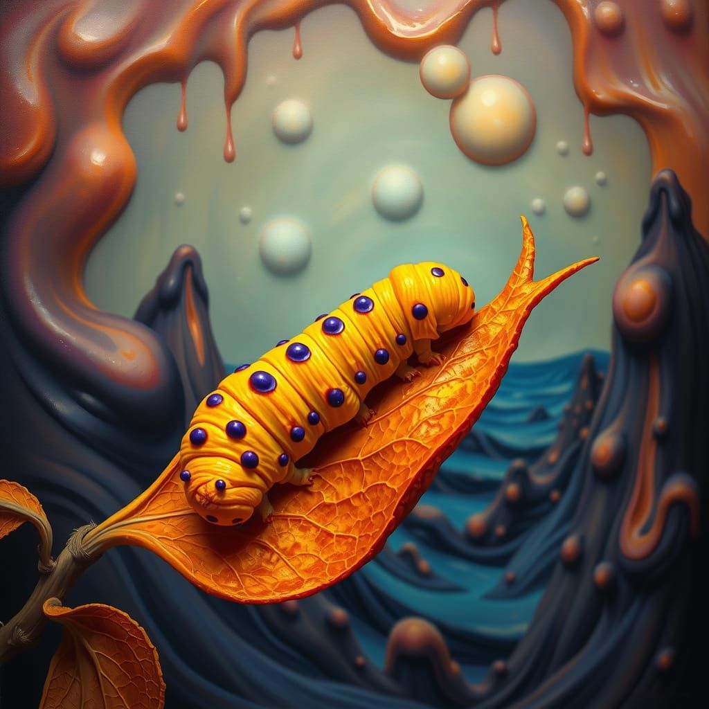 Surrealistic Orange Caterpillar in Hyper-Realistic Oil Paint...