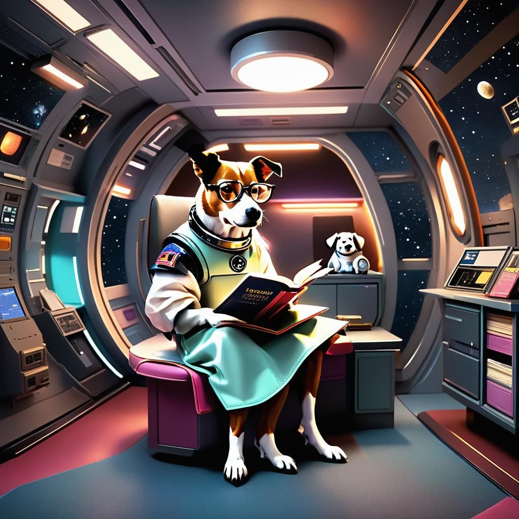Dog Reading Novel in Space Station, Hyper-Realism