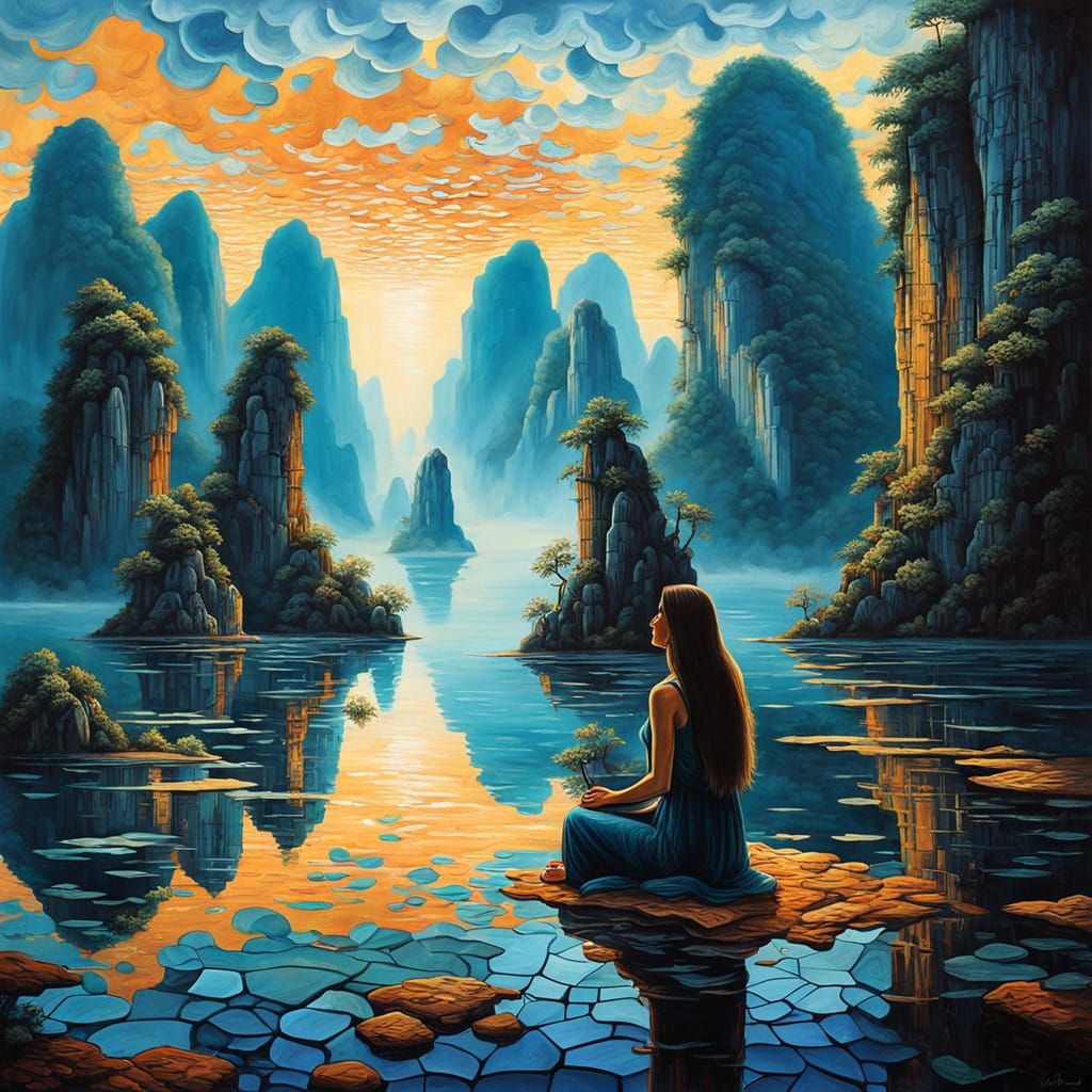 Surreal Ha Long Bay Dreamscape with Contemplative Woman