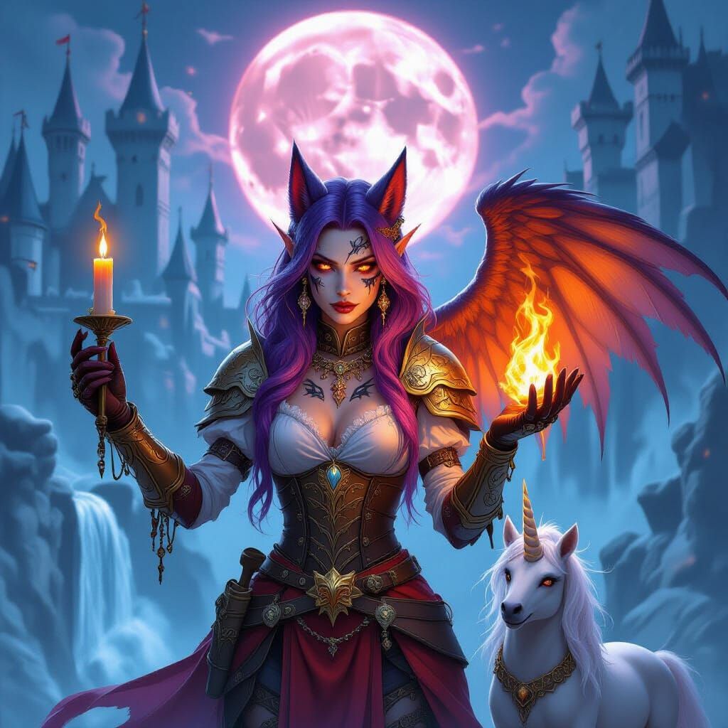 Goddess Huntress with Fiery Gauntlet and Dragon Wings