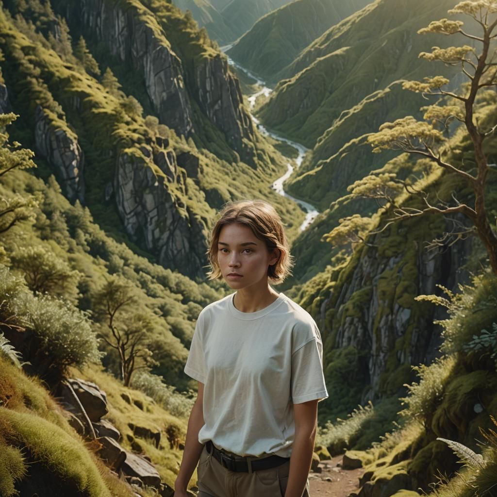 Model Hiking Mountain Trail in Golden Light