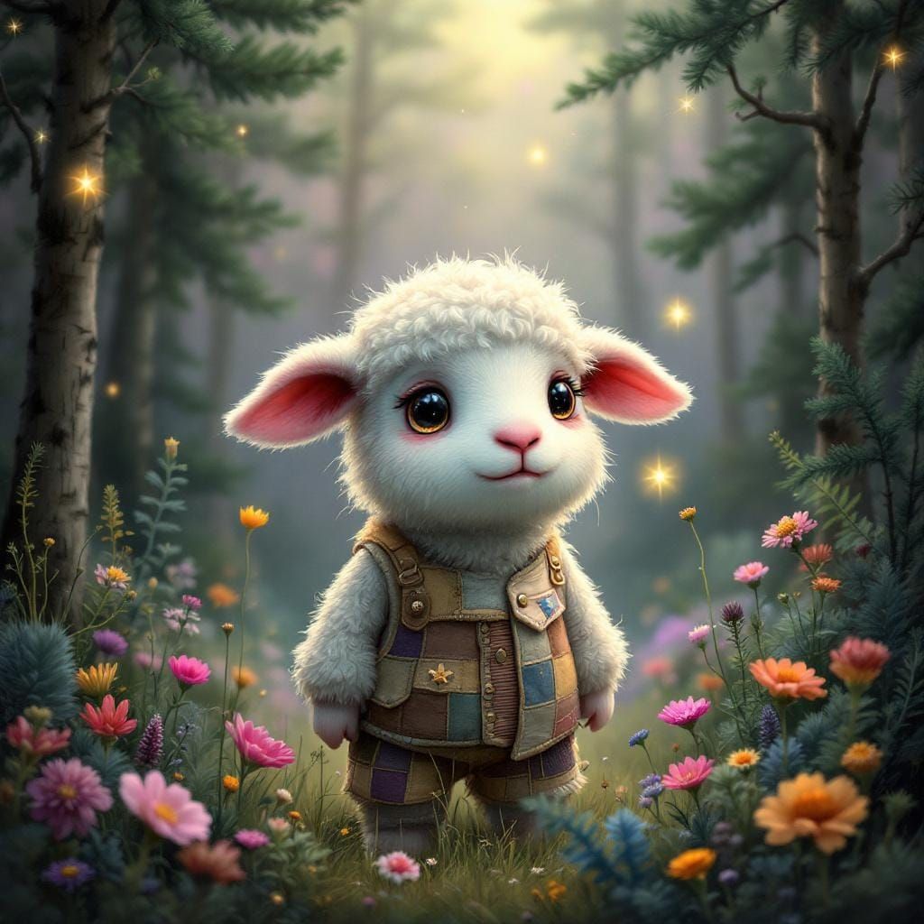 Worried Lamb in Lush Forest, Surreal Cottagecore Art