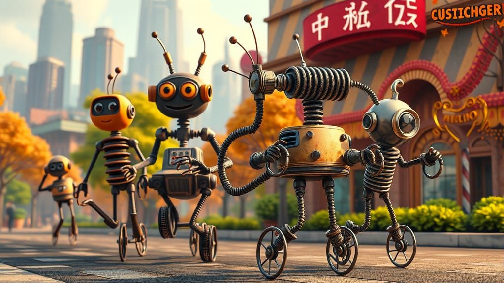 Wire Robot Parade in Cartoonish Style