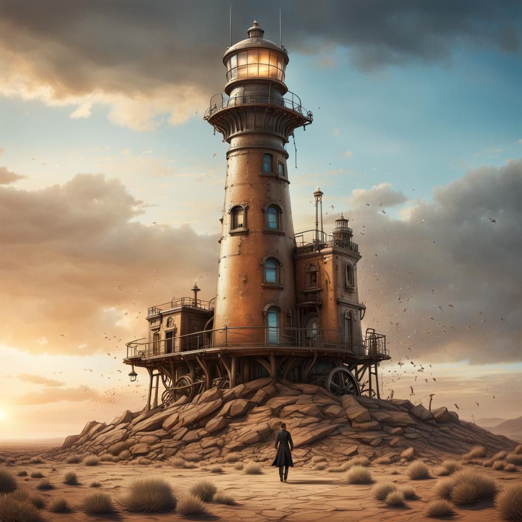 Steampunk Lighthouse in Barren Desert: Cinematic Realism