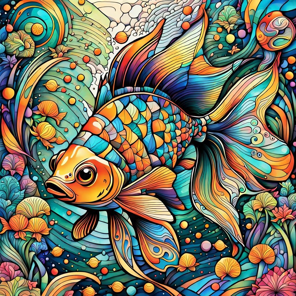 Psychedelic Goldfish with Wings in Space