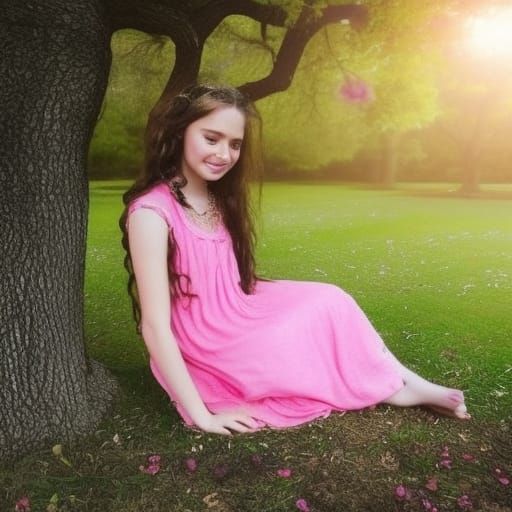 Girl Sketching Under Oak Tree with Rose Necklace
