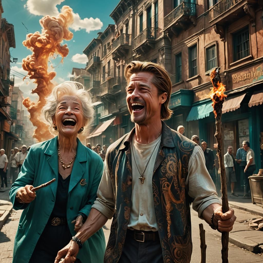 Joyful Man and Angry Woman in Sun-Drenched Street