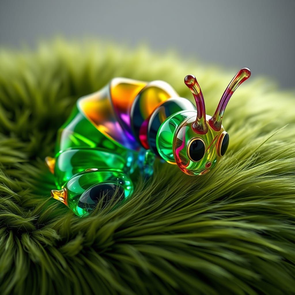 Multicoloured Blown Glass Caterpillar on Moss Green Throw