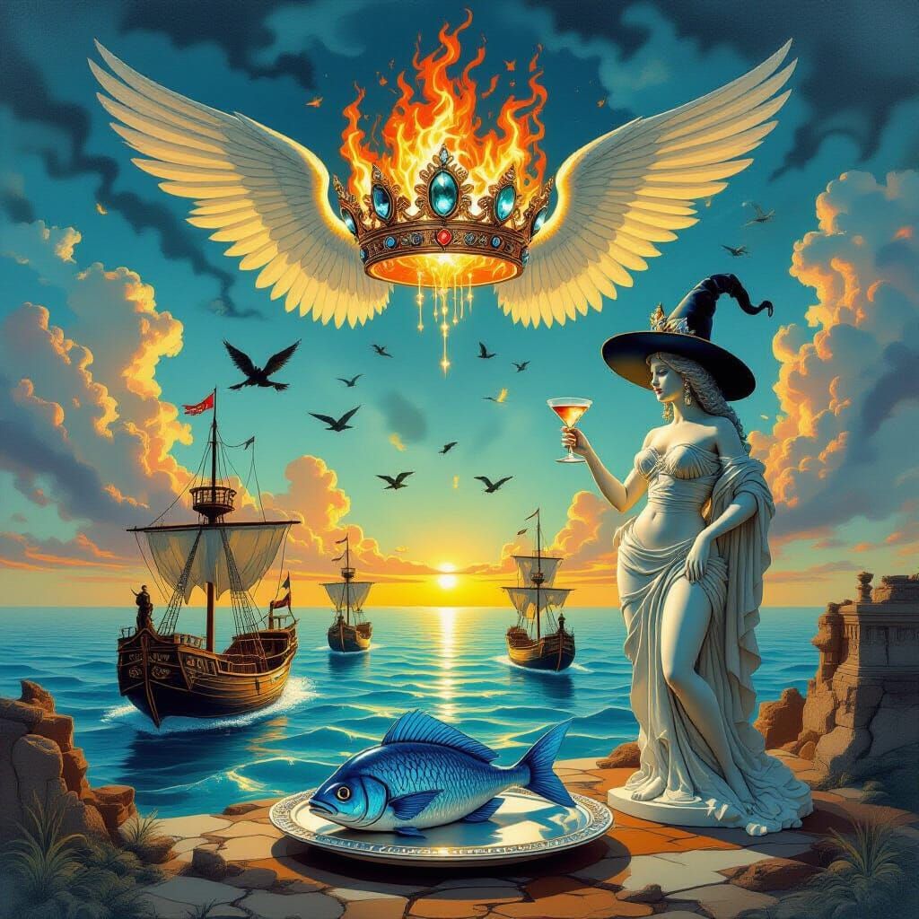 Surreal Dreamscape with Fiery Crown and Giant Cat