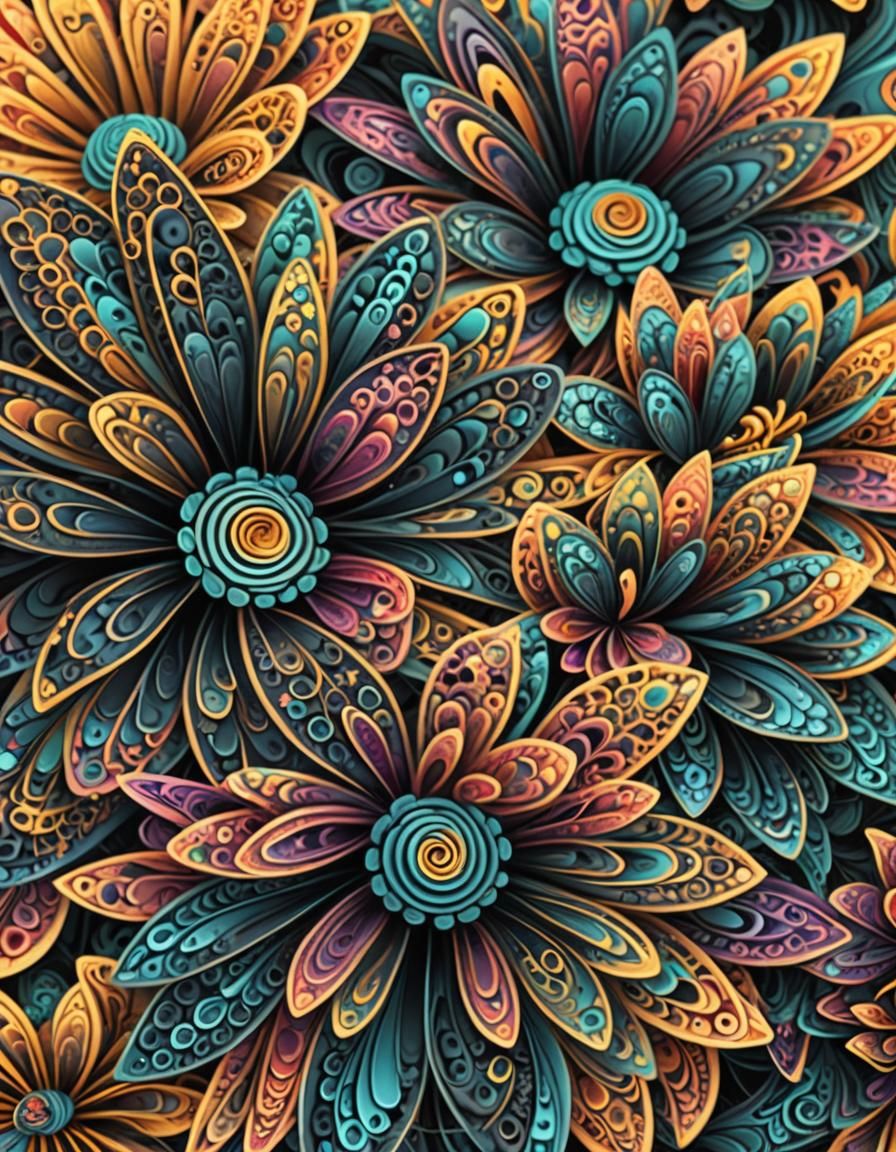 Surreal Flowers Emerging from Fractal Background