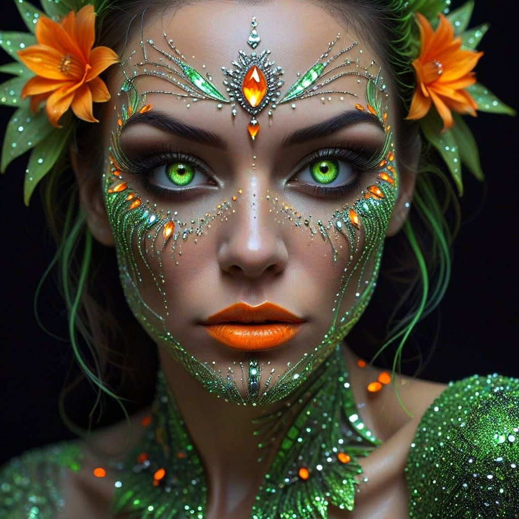 Woman with Neon Makeup and Crystal Adornments
