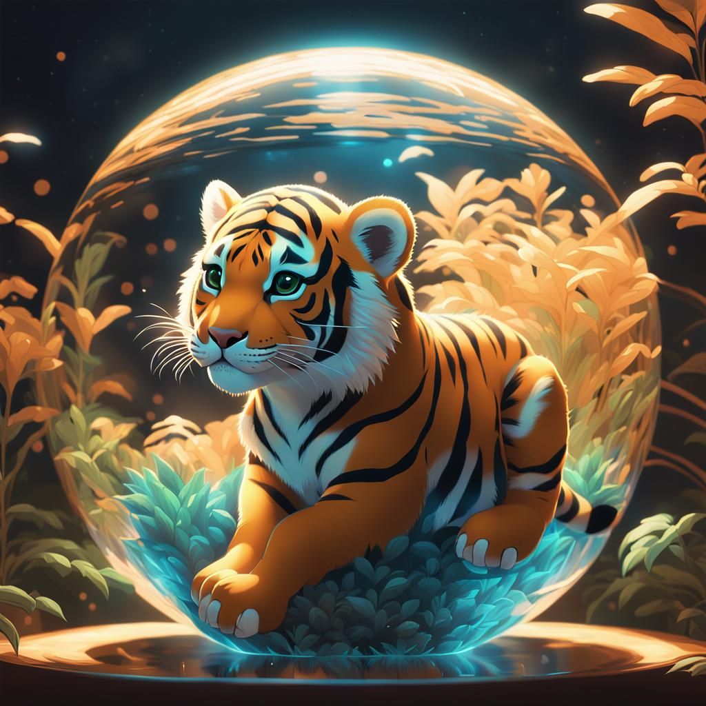 Baby Tiger in Sphere Above Grown Tiger: Anime Art