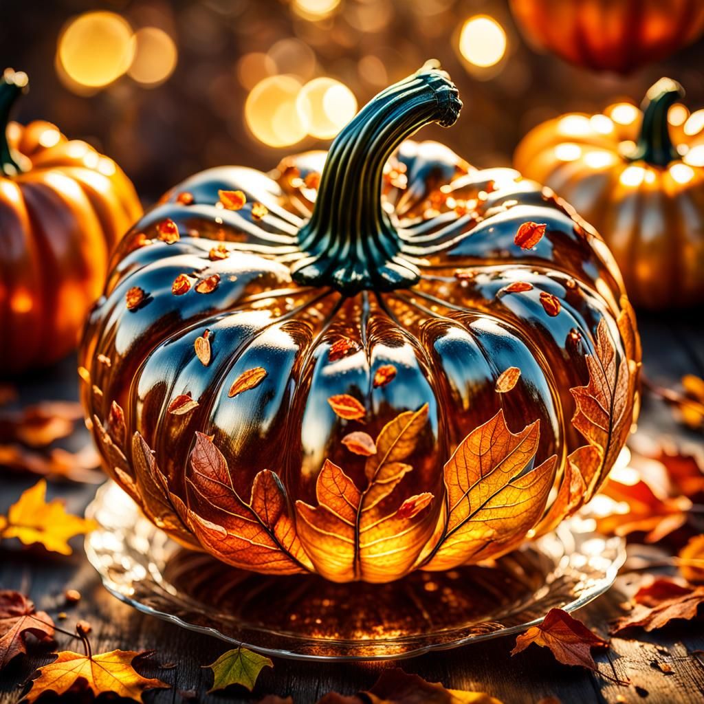 Glass Pumpkin with Autumn Leaves: Macro Photography