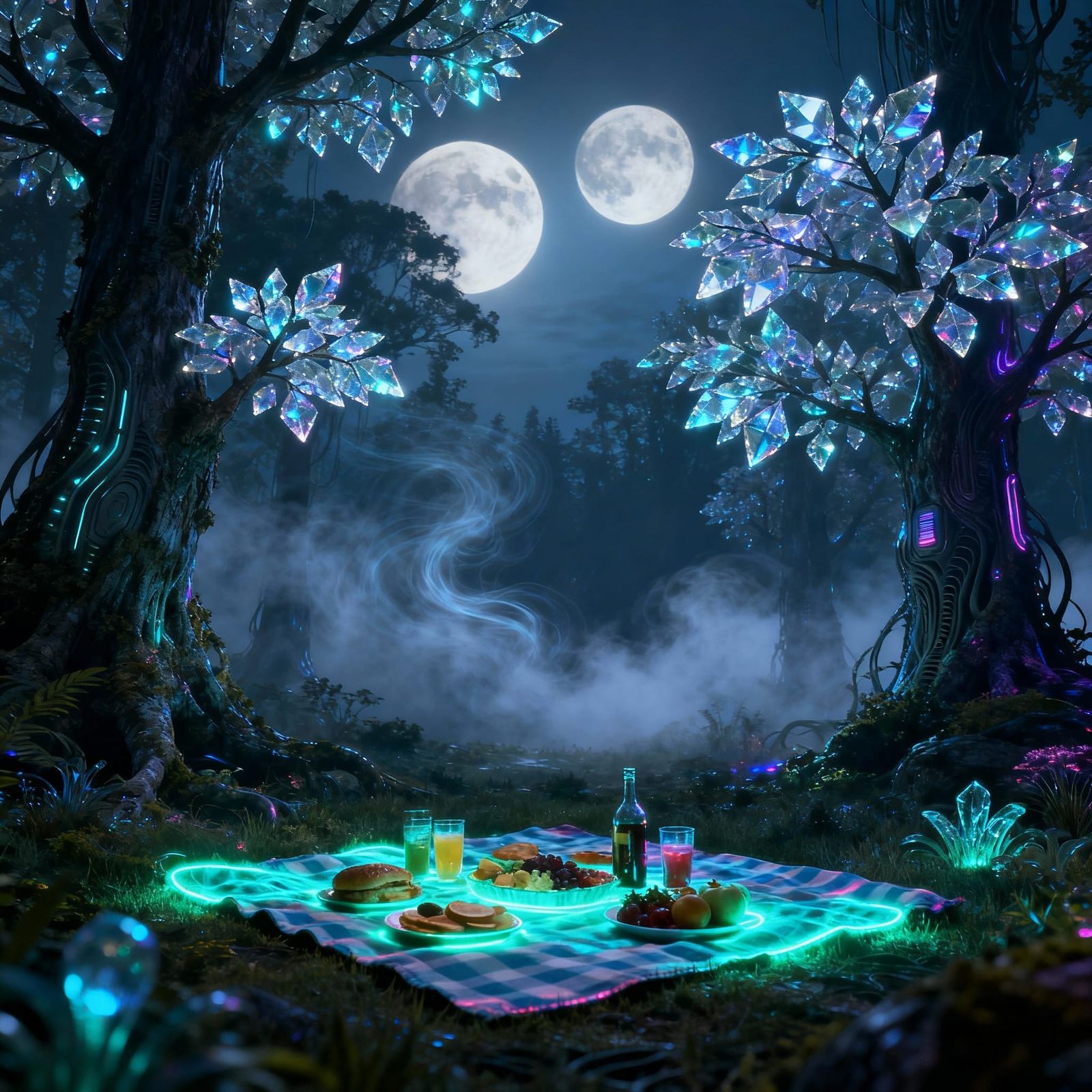 Futuristic Picnic in Bioluminescent Forest