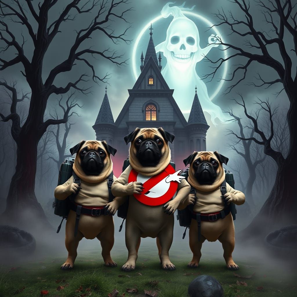 Surreal Pug Ghostbusters Heroes in a Haunted Mansion Scene